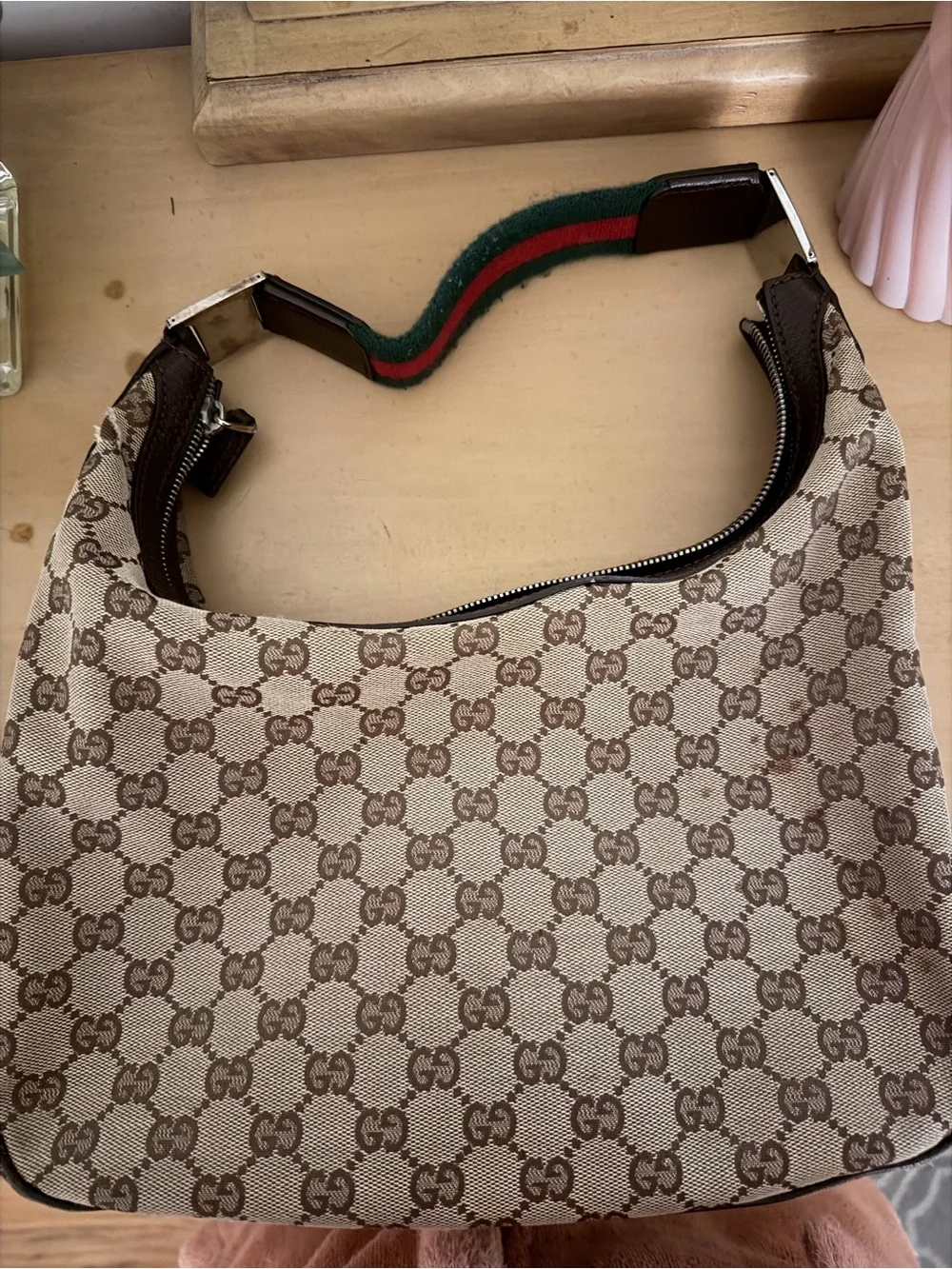 Authentic Gucci Hobo Brown GG Canvas Shoulder Bag with Green-Red Web Strap